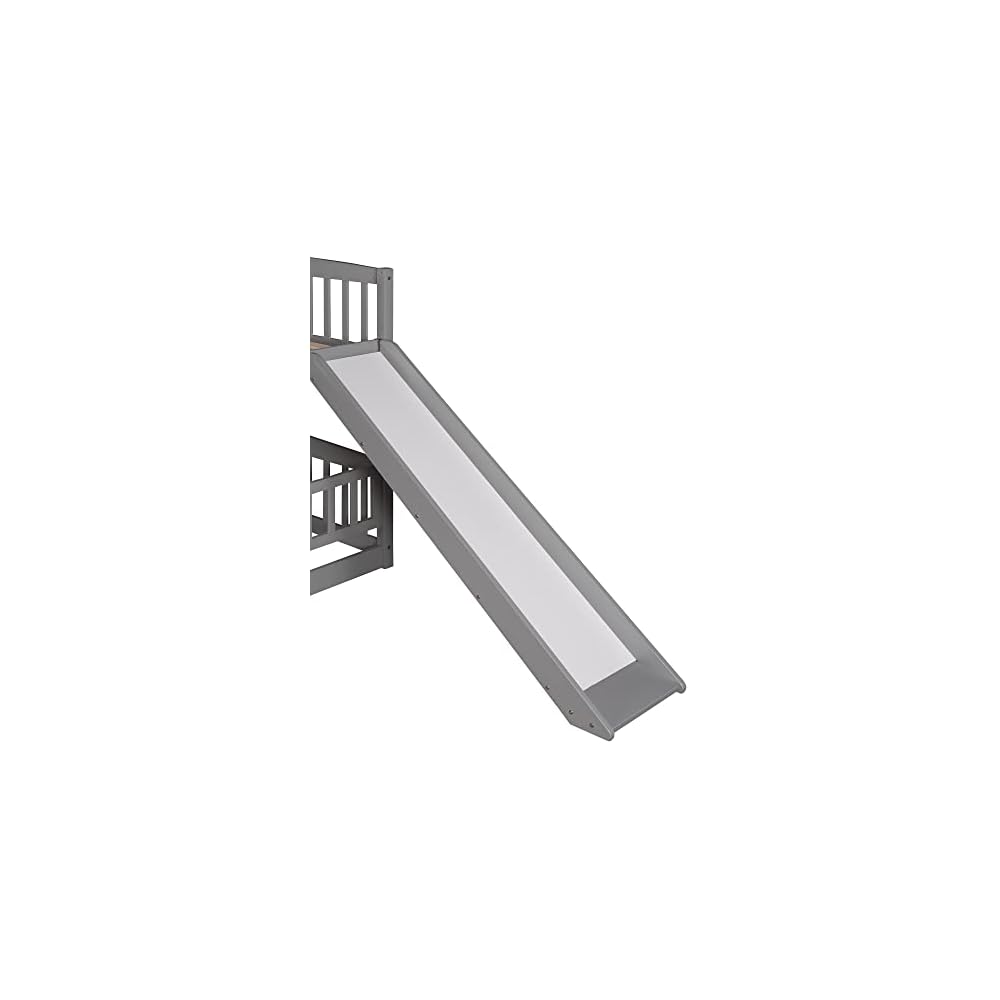 Bellemave Full Over Full Low Bunk Bed with Slide and Fence Railings Wood Floor Bunk Beds with Ladder for Kids Boys Girls Teens, Grey
