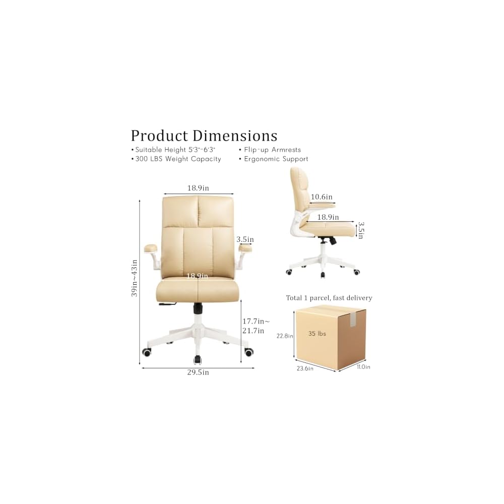 Compact Home Office Chair - Ergonomic Chair with Flip-Up Arms, Beige