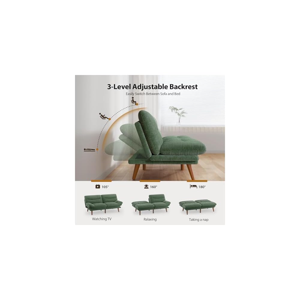 Pipishell 75" Convertible Futon Sofa Bed with Adjustable Armrests, Green