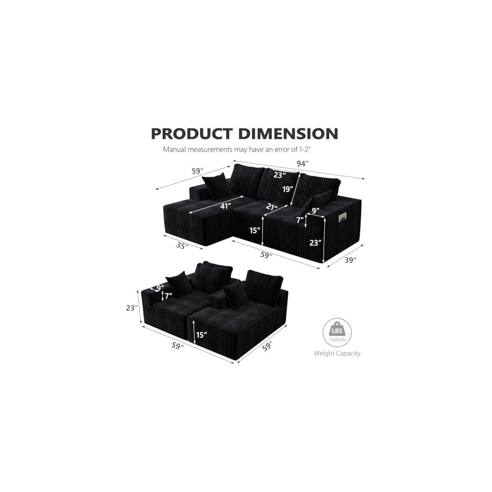 Memory Foam 94" Sectional Couches for Living Room, Modular Sectional Sofa with L-Shape Chaise, Cloud Couch, Fluffy Couch with Bed Pillows for Sleeping