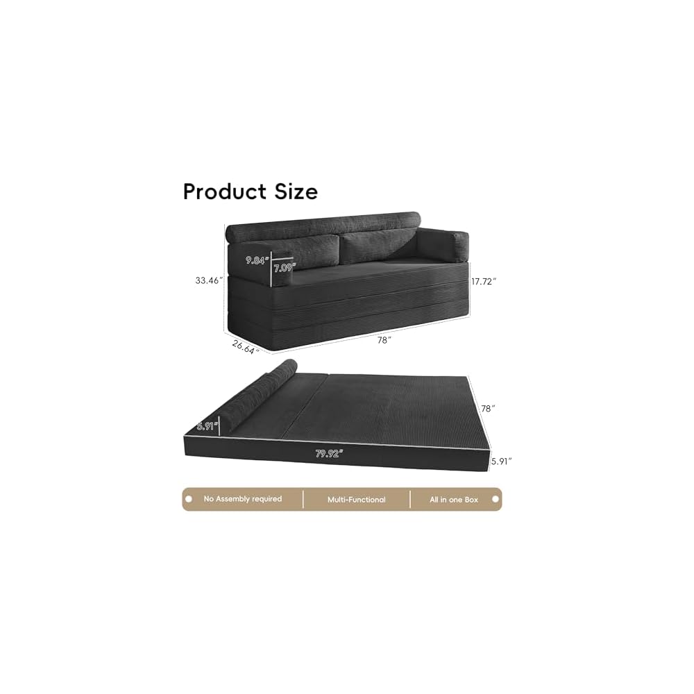 78" 5-in-1 Convertible Sofa Bed, Corduroy Tri-Fold Sleeper Couch, Black