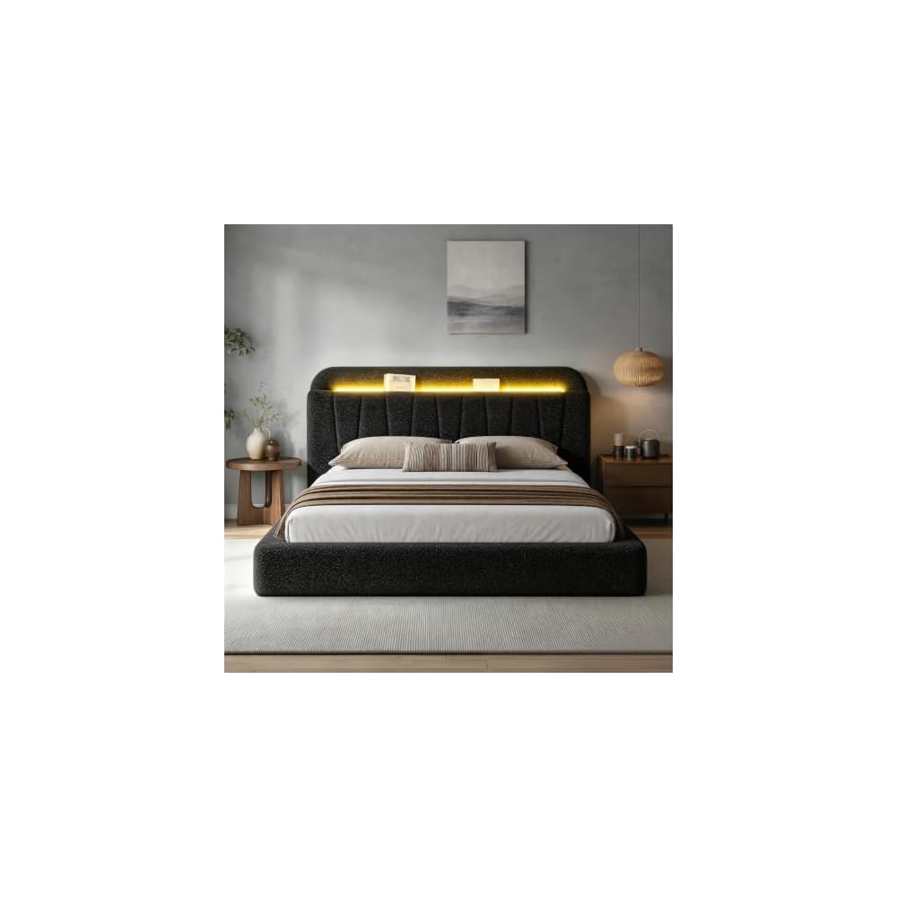 EnHomee Cloud Bed Frame Queen with Storage Headboard & LED Lights, Black
