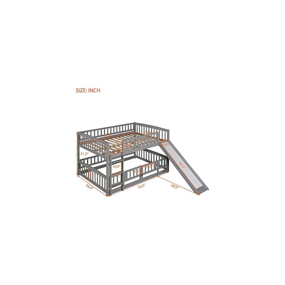 Bellemave Full Over Full Low Bunk Bed with Slide and Fence Railings Wood Floor Bunk Beds with Ladder for Kids Boys Girls Teens, Grey