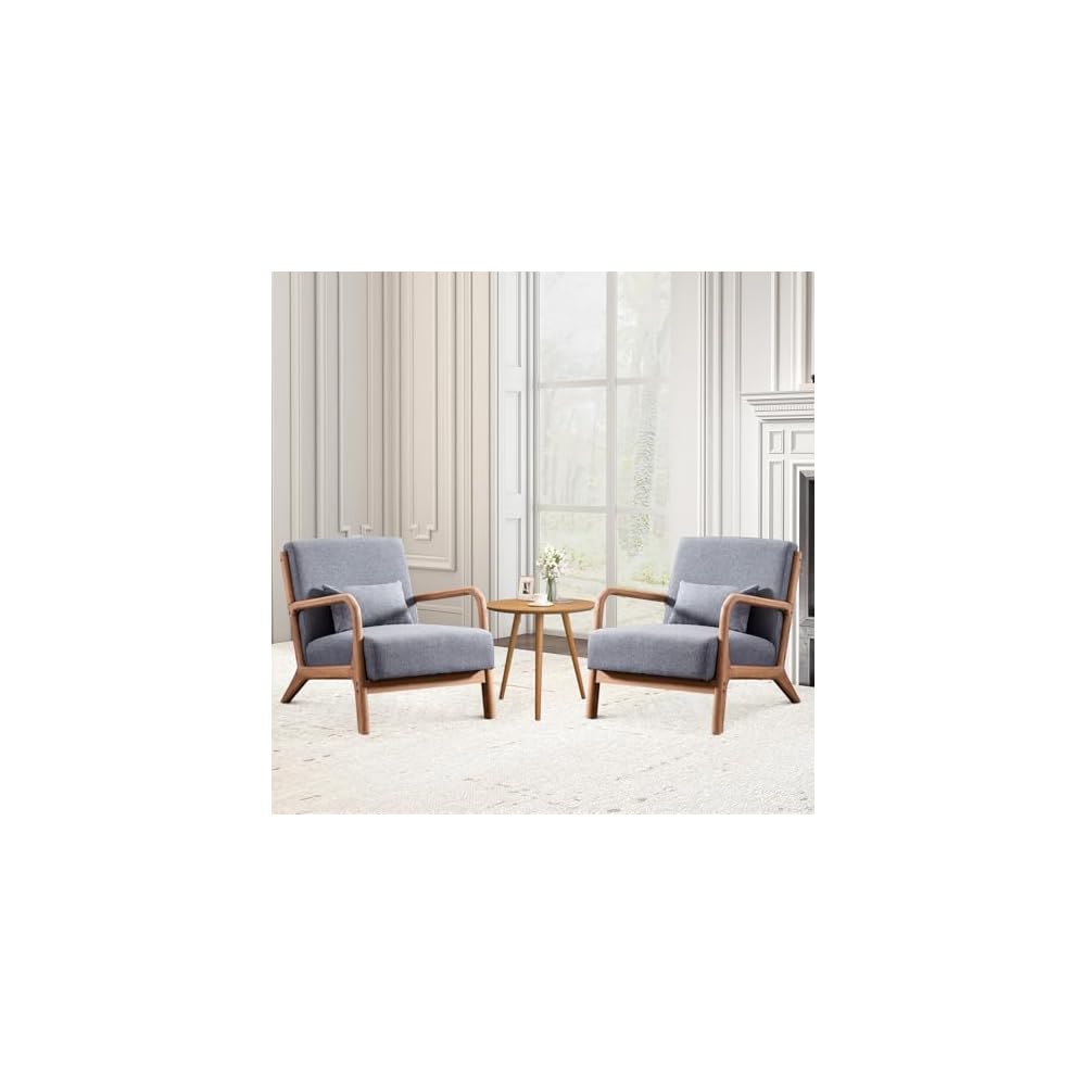 ANJ Mid Century Modern Accent Chairs Set of 2, Comfy Fabric Reading Chair with Solid Wood Frame, Easy Assembly Armchair for Living Room Blackish Green 2