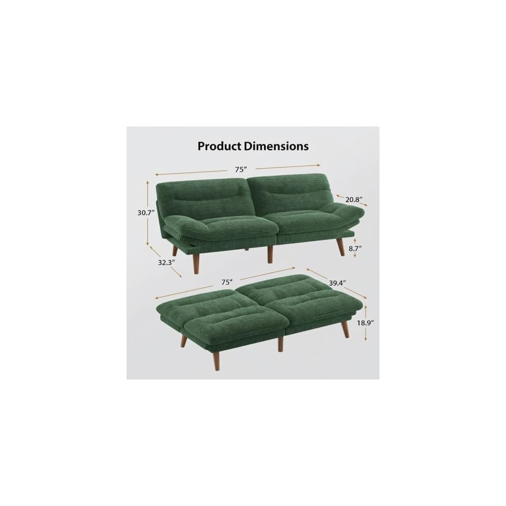 Pipishell 75" Convertible Futon Sofa Bed with Adjustable Armrests, Green