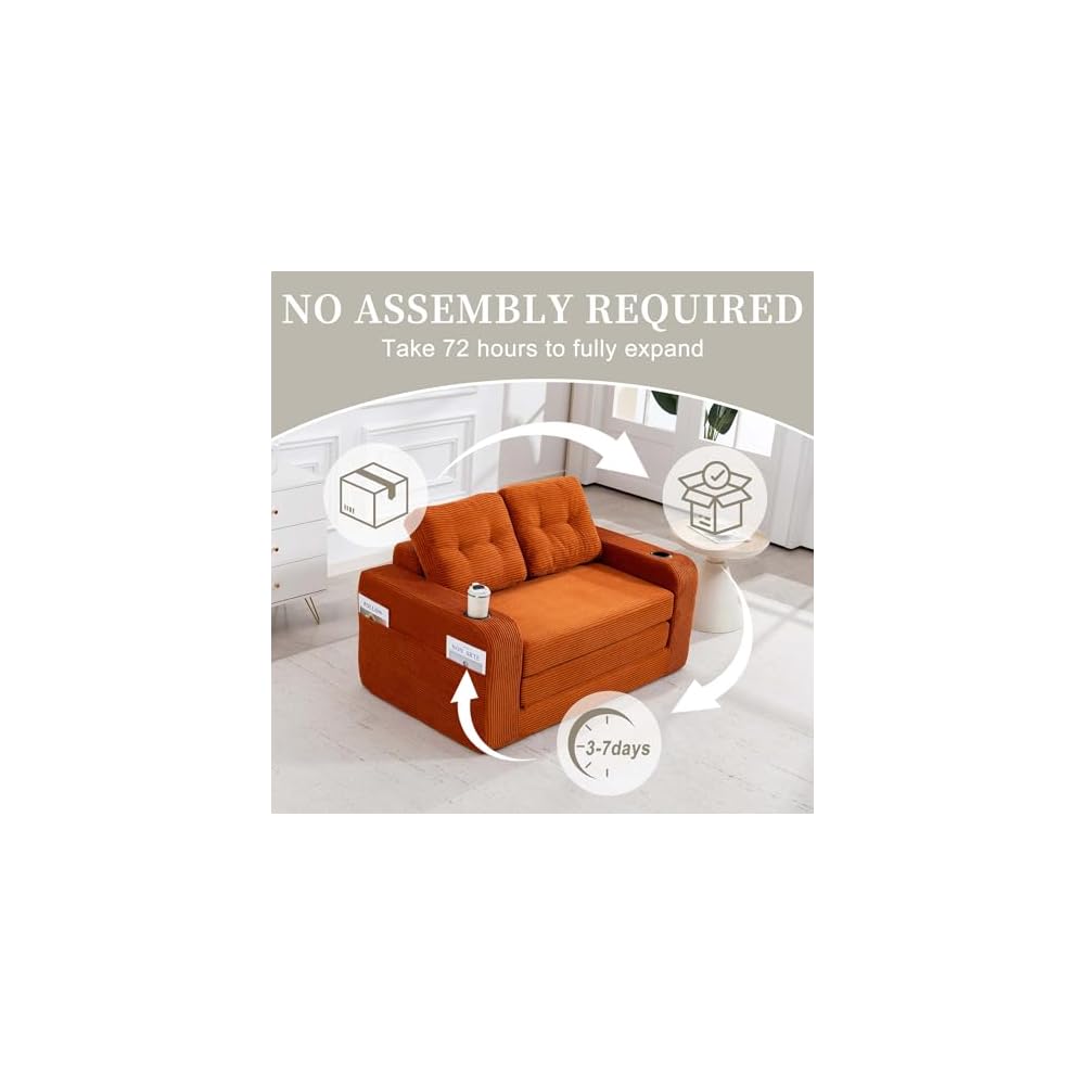 Boneless Loveseat Couch, 2 in 1 Convertible Sofa Bed with Pillows, Foldable Couch for Small Spaces Bedroom, Loveseat Sleeper Sofa Bed with Two Cup Holders for Living Room, Corduroy (Orange)
