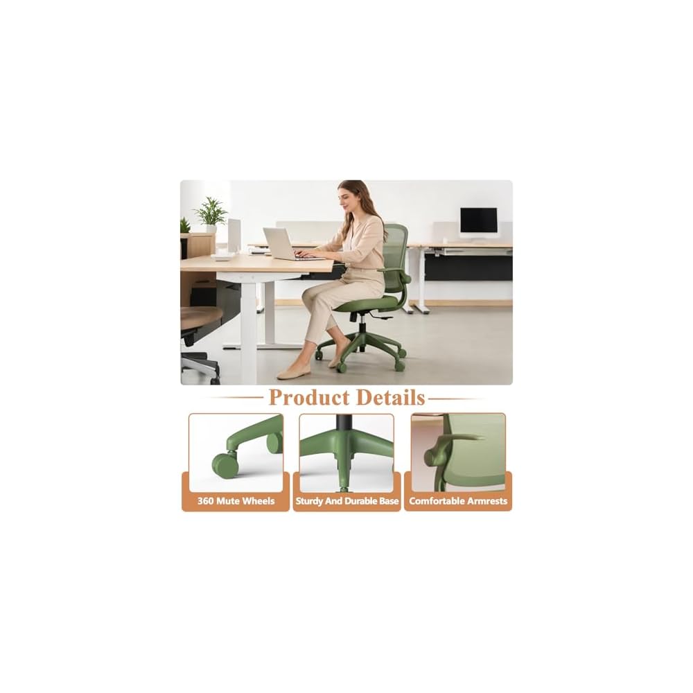 Green Ergonomic Office Chair 500lb Heavy Duty, Mesh Desk Chair for Home Office, Mid Back Computer Chair with Flip-up Arms, High Density Molded Foam Seat with Adjustable Height, Fireproof (Green)