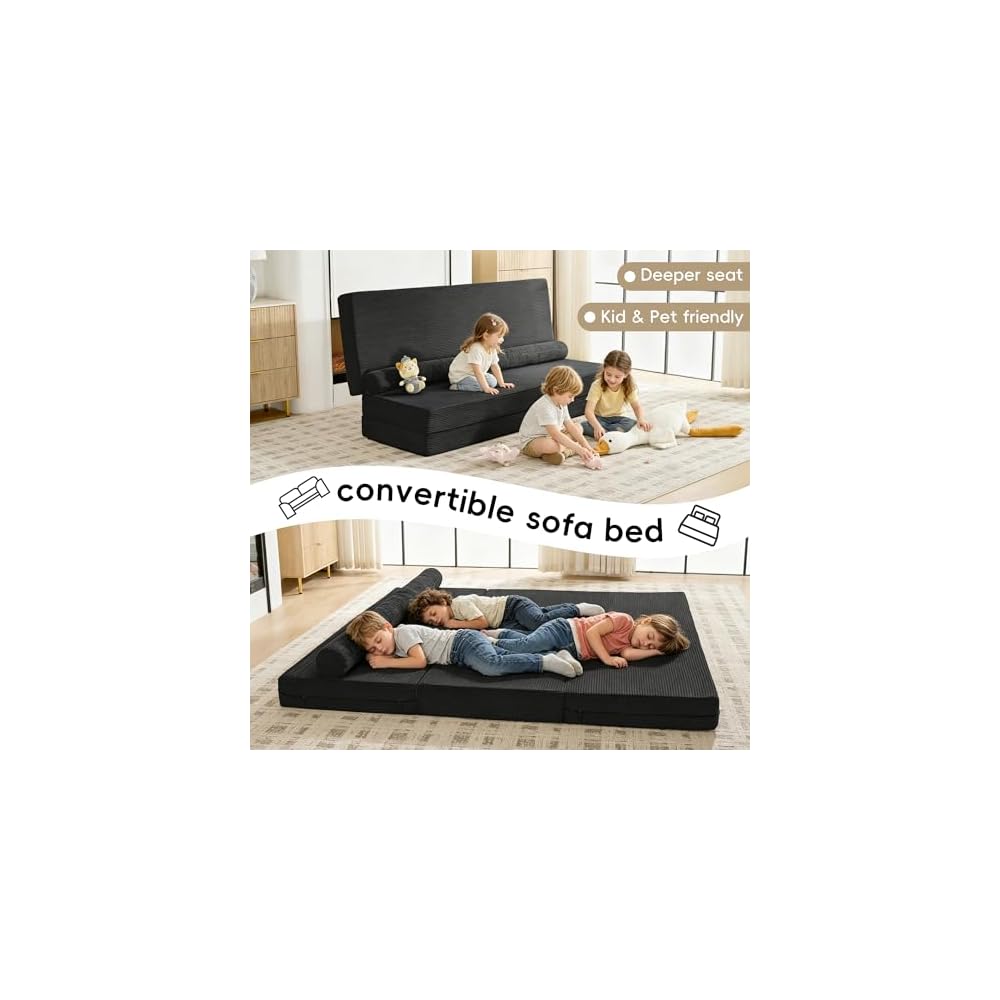 78" 5-in-1 Convertible Sofa Bed, Corduroy Tri-Fold Sleeper Couch, Black