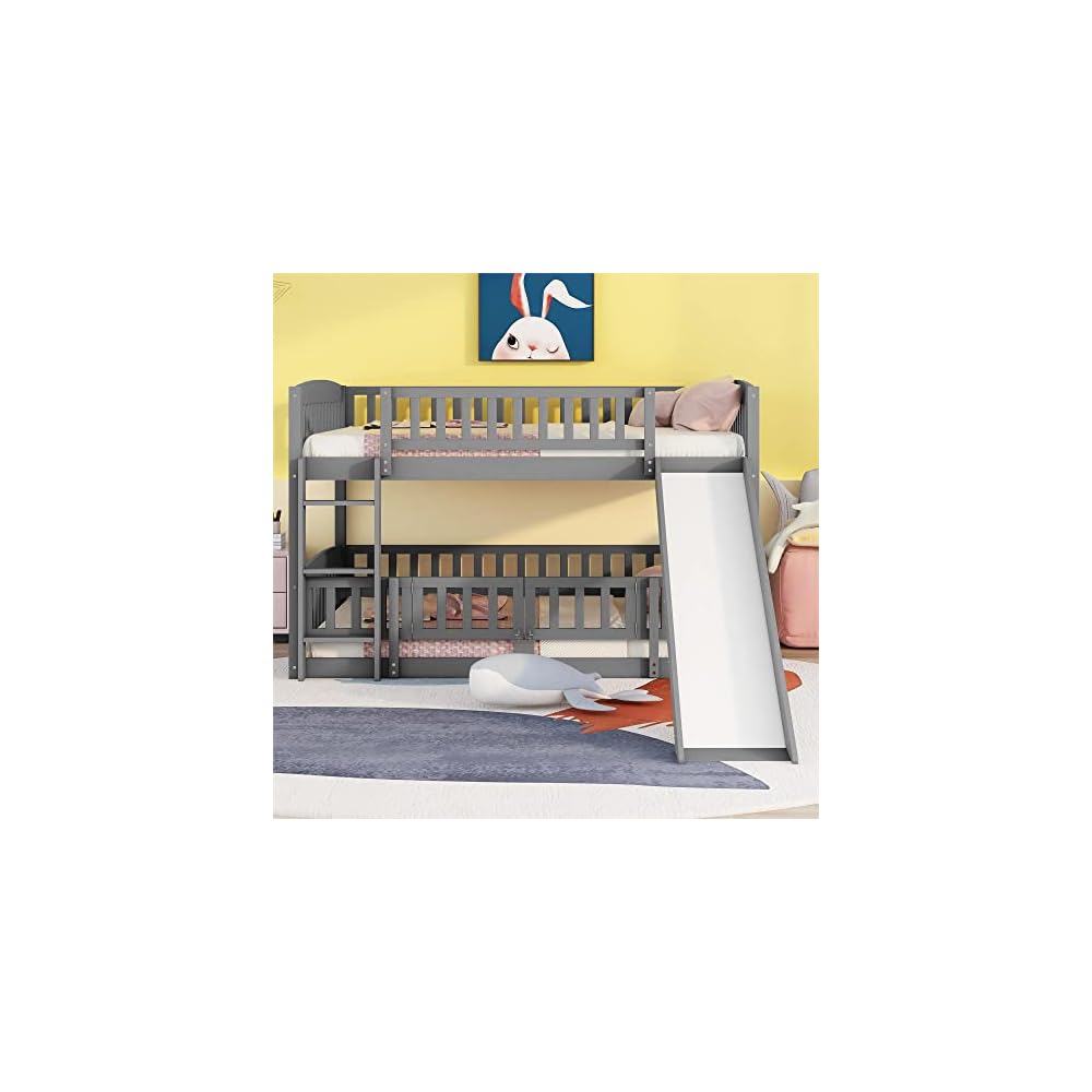 Bellemave Full Over Full Low Bunk Bed with Slide and Fence Railings Wood Floor Bunk Beds with Ladder for Kids Boys Girls Teens, Grey