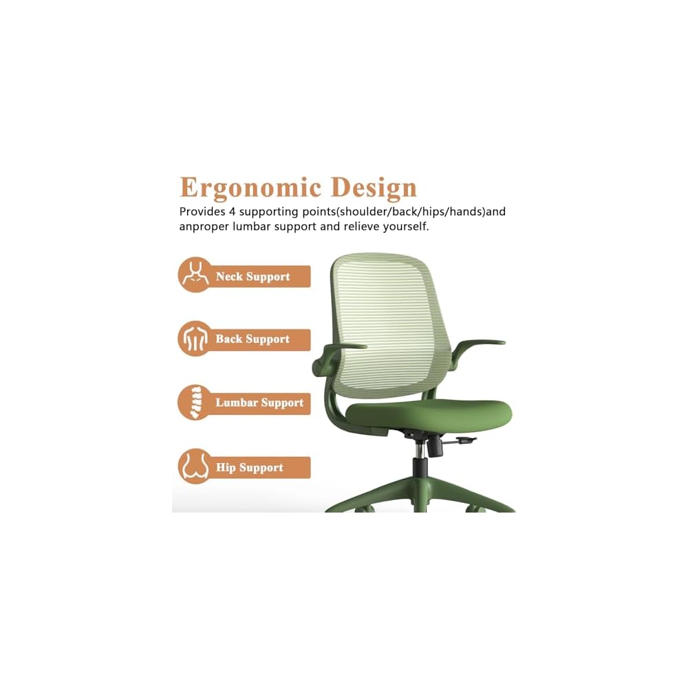 Green Ergonomic Office Chair 500lb Heavy Duty, Mesh Desk Chair for Home Office, Mid Back Computer Chair with Flip-up Arms, High Density Molded Foam Seat with Adjustable Height, Fireproof (Green)