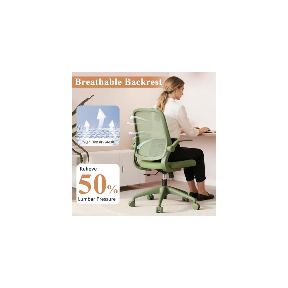 Green Ergonomic Office Chair 500lb Heavy Duty, Mesh Desk Chair for Home Office, Mid Back Computer Chair with Flip-up Arms, High Density Molded Foam Seat with Adjustable Height, Fireproof (Green)