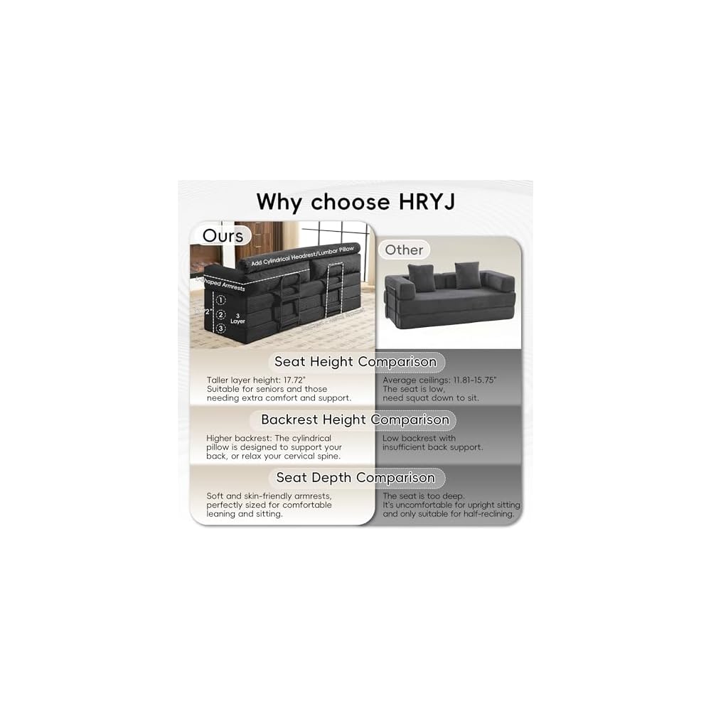 78" 5-in-1 Convertible Sofa Bed, Corduroy Tri-Fold Sleeper Couch, Black
