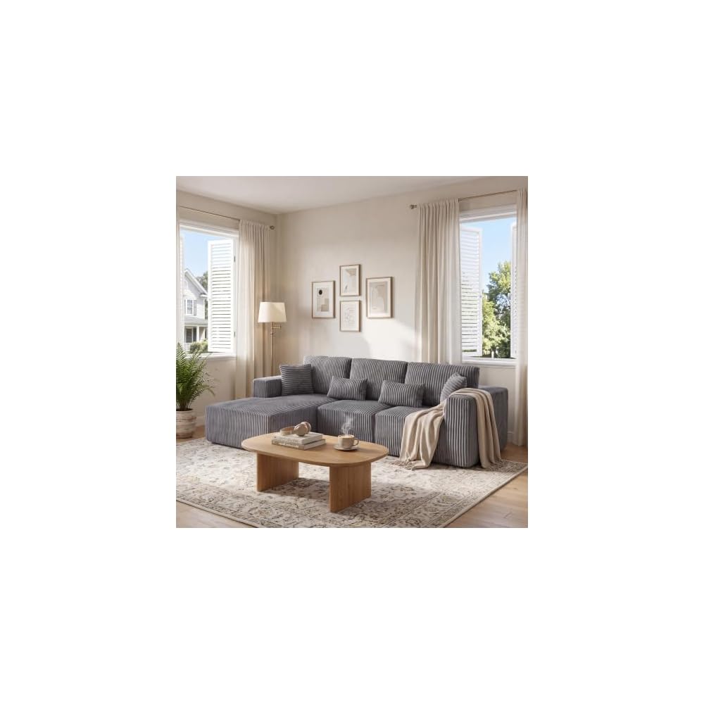109" L-Shaped Modular Corner Sectional Sofa Corduroy Boneless Cloud Couches with Deep Seat, Modular Compressed Boneless Sofa W/Chaise Lounger for Living Room, No Assembly