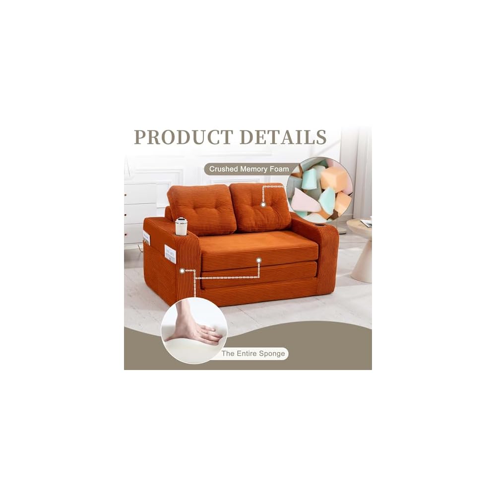 Boneless Loveseat Couch, 2 in 1 Convertible Sofa Bed with Pillows, Foldable Couch for Small Spaces Bedroom, Loveseat Sleeper Sofa Bed with Two Cup Holders for Living Room, Corduroy (Orange)