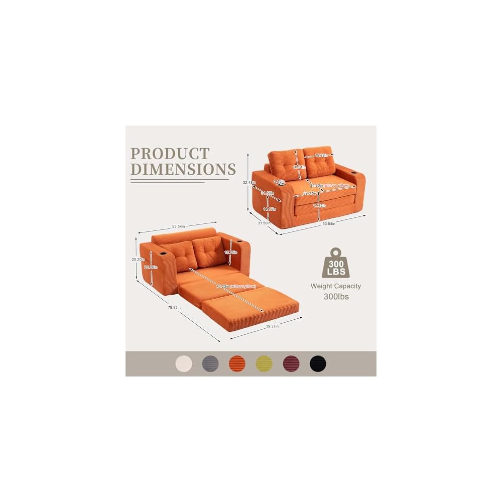 Boneless Loveseat Couch, 2 in 1 Convertible Sofa Bed with Pillows, Foldable Couch for Small Spaces Bedroom, Loveseat Sleeper Sofa Bed with Two Cup Holders for Living Room, Corduroy (Orange)