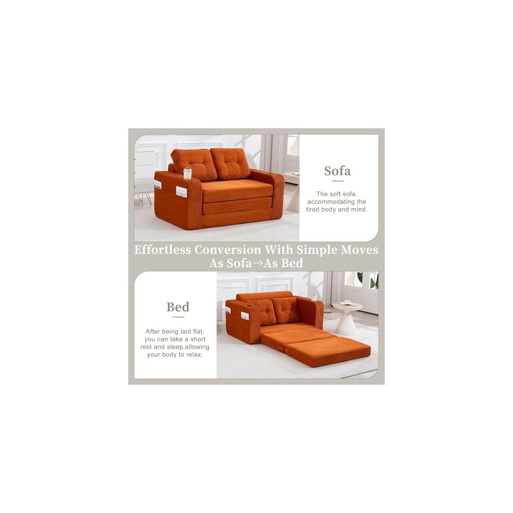 Boneless Loveseat Couch, 2 in 1 Convertible Sofa Bed with Pillows, Foldable Couch for Small Spaces Bedroom, Loveseat Sleeper Sofa Bed with Two Cup Holders for Living Room, Corduroy (Orange)