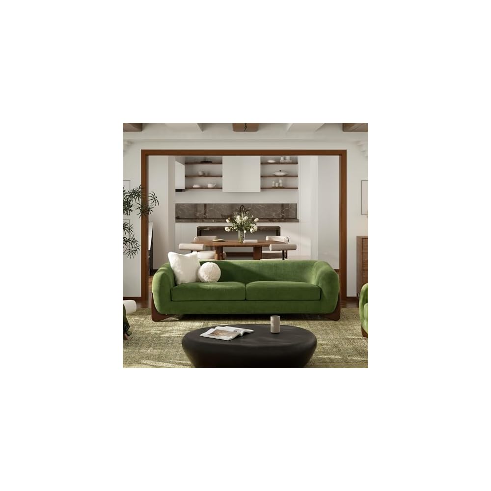 Jennifer Taylor Home Alpine 90.5" Modern Scandinavian Minimalist Round Arm Living Room Sofa Couch in Moss Green Fleeced Teddy