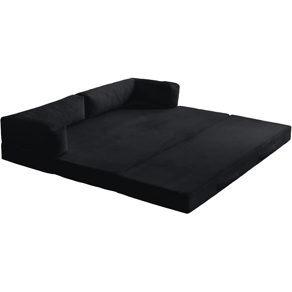 78" 5-in-1 Convertible Sofa Bed, Corduroy Tri-Fold Sleeper Couch, Black