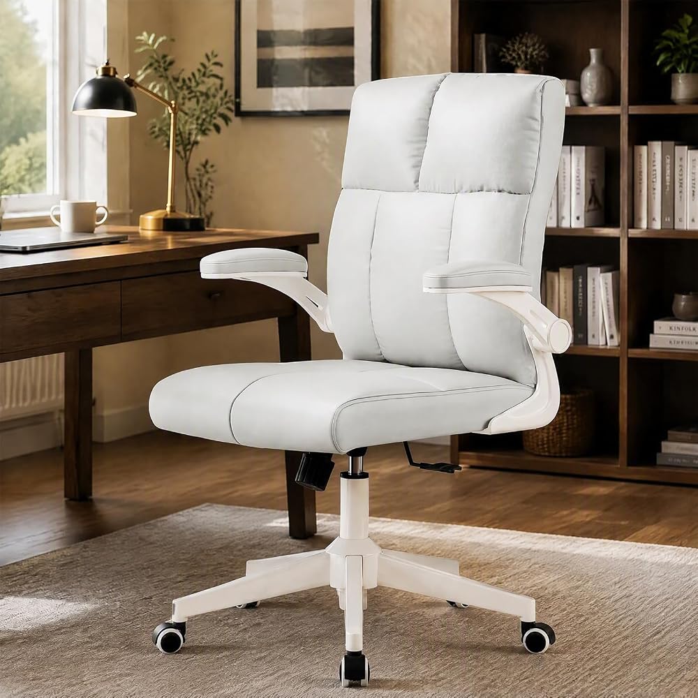 Compact Home Office Chair - Ergonomic Chair with Flip-Up Arms, Beige