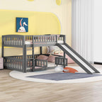 Bellemave Full Over Full Low Bunk Bed with Slide and Fence Railings Wood Floor Bunk Beds with Ladder for Kids Boys Girls Teens, Grey