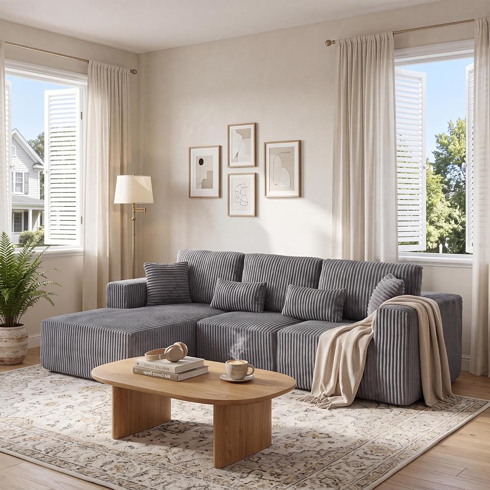 109" L-Shaped Modular Corner Sectional Sofa Corduroy Boneless Cloud Couches with Deep Seat, Modular Compressed Boneless Sofa W/Chaise Lounger for Living Room, No Assembly